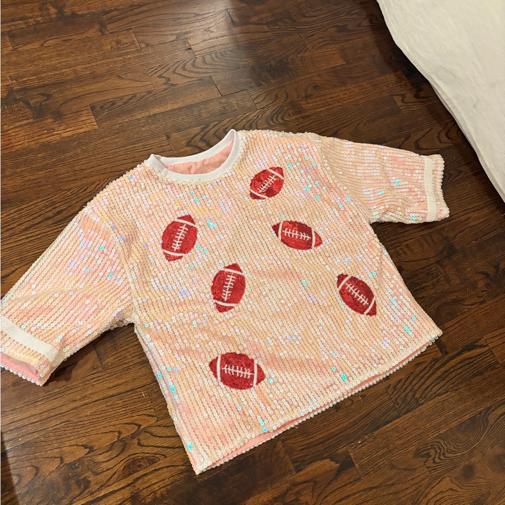 Sequin Football Shirt - Pink with red footballs